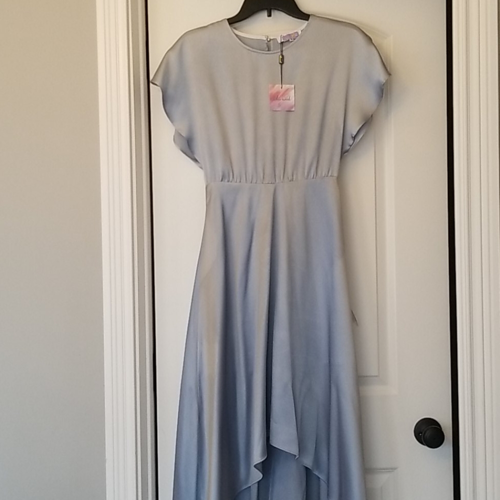 Light blue backless hi-low flutter sleeve dress